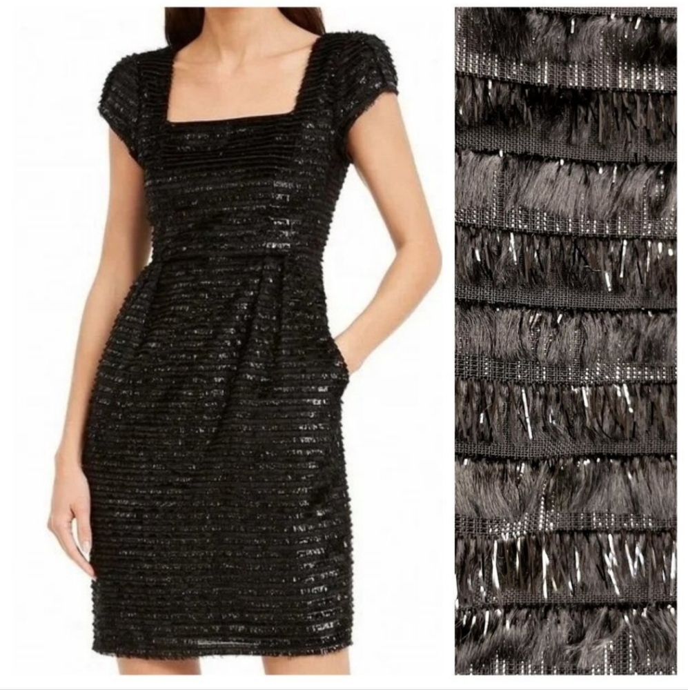 Nanette Lepore Black Square Neck Frayed Shimmer Mini Dress